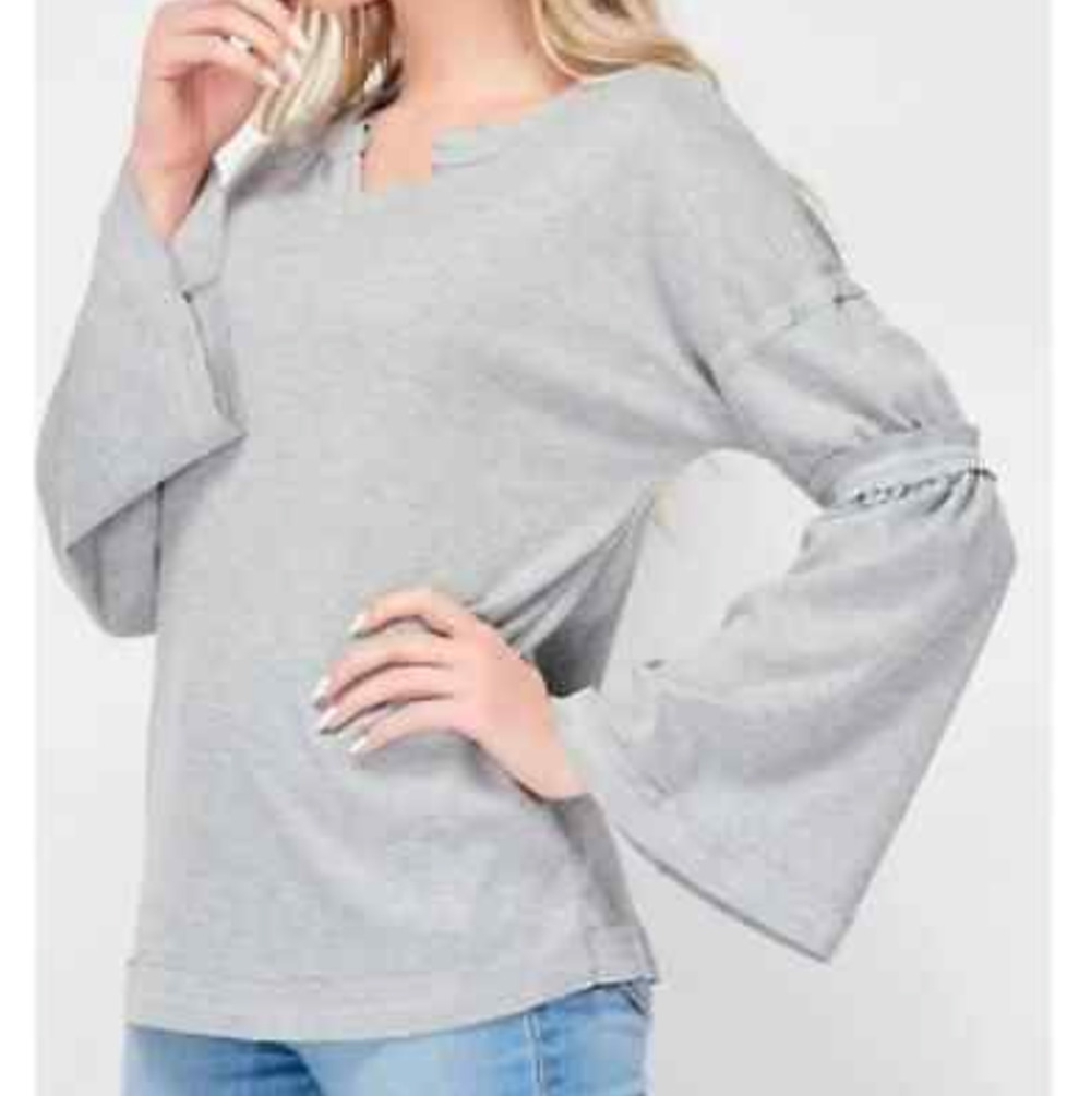 Baea Juliet Bell Sleeve Waffle Knit Top Womens L Large Gray Split Neck Thermal